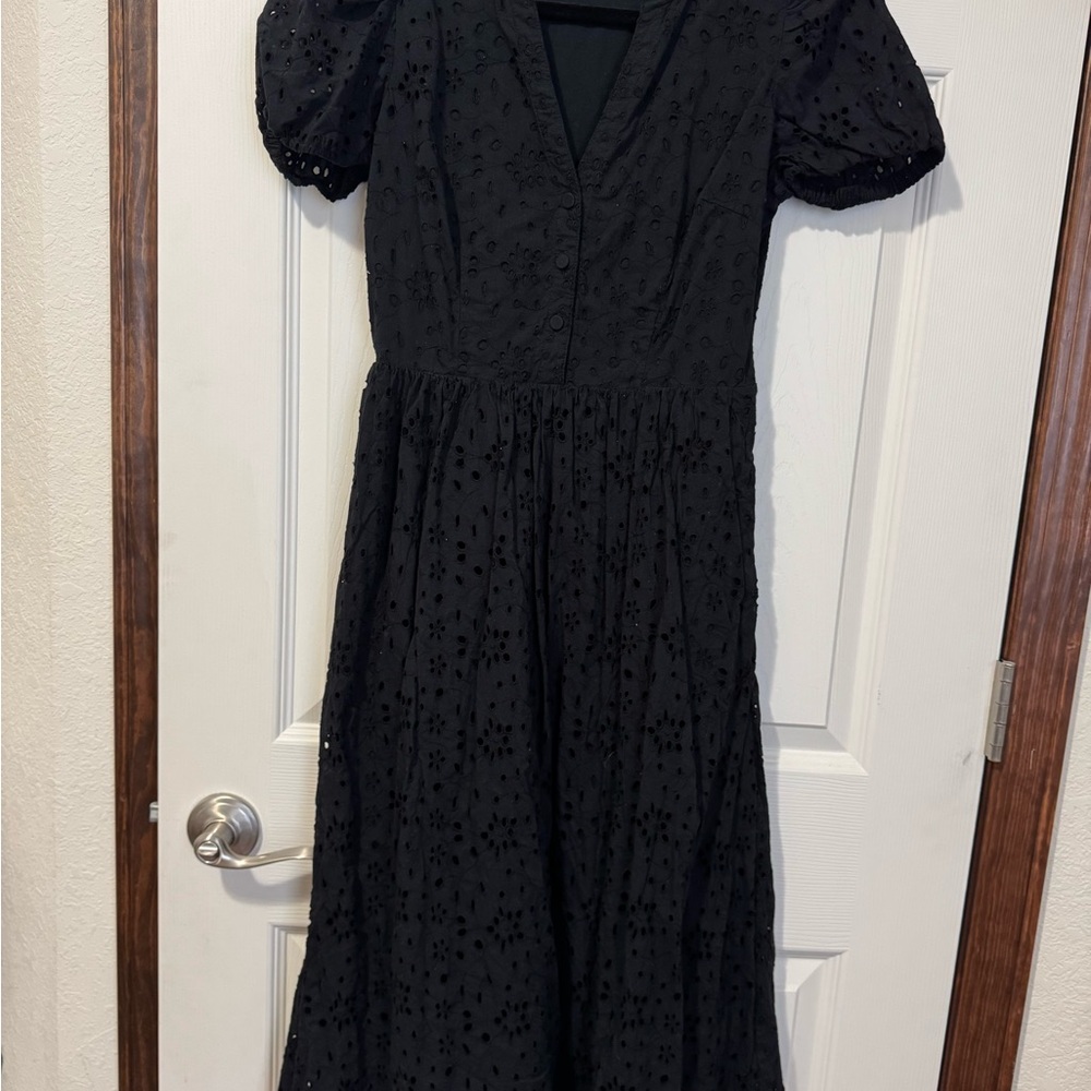 J. Crew Black Puff Sleeve V-Neck Midi Dress